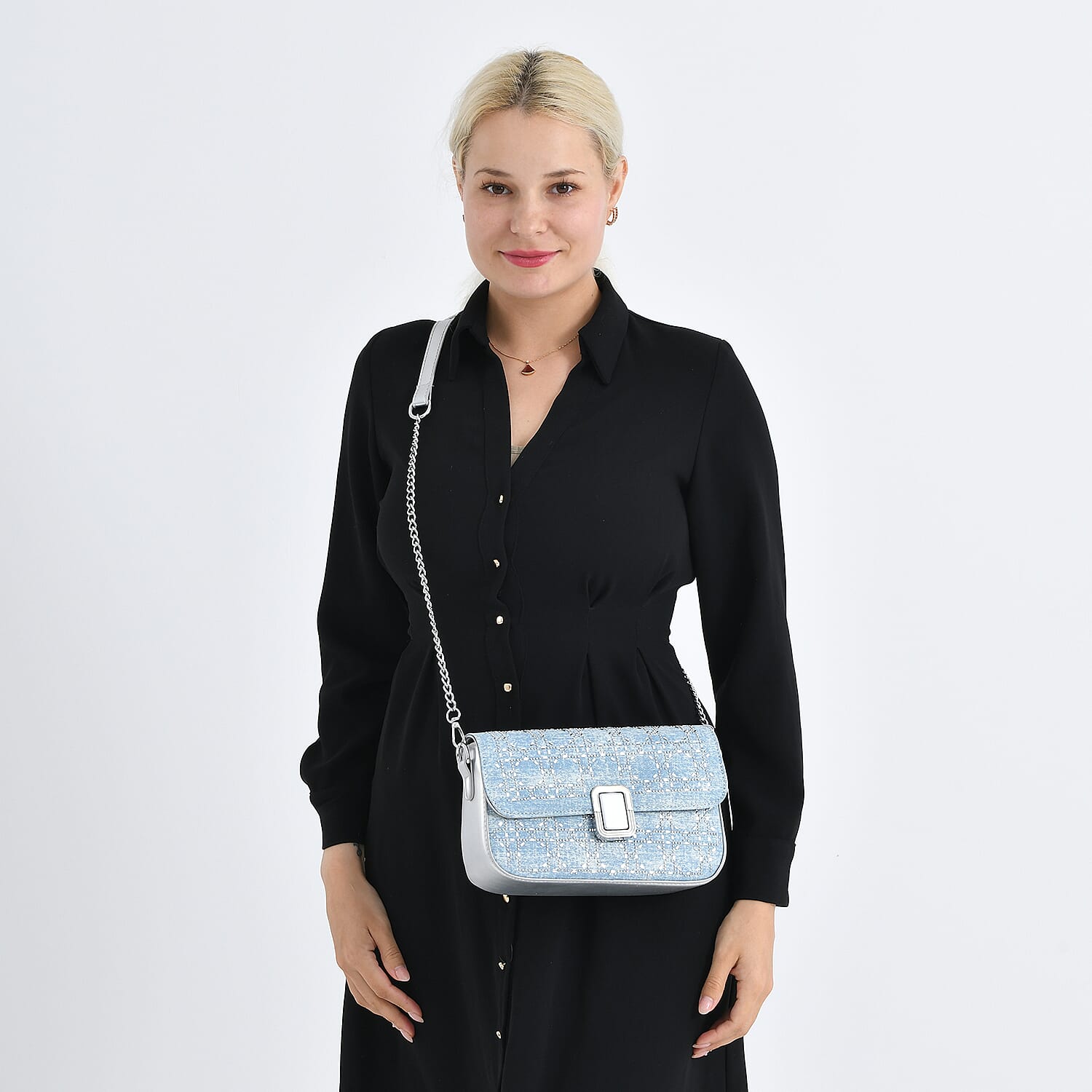 LA MAREY Designer Sling Handbag with Elegant Silver-Tone Chain Strap - Light Blue