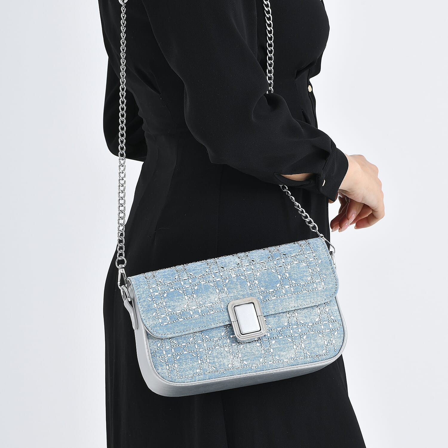 LA MAREY Designer Sling Handbag with Elegant Silver-Tone Chain Strap - Light Blue