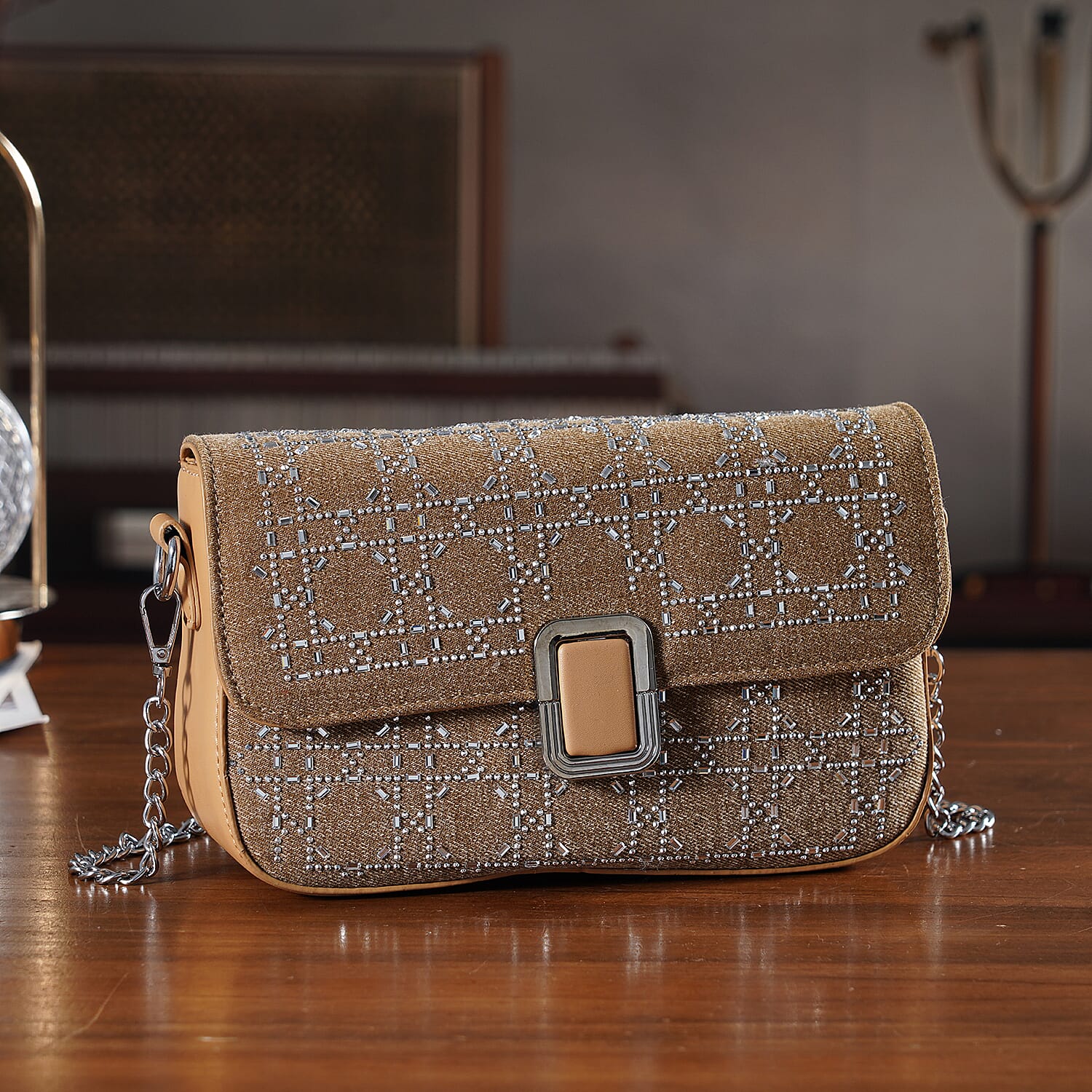 LA MAREY Designer Sling Handbag with Elegant Silver-Tone Chain Strap - Khaki