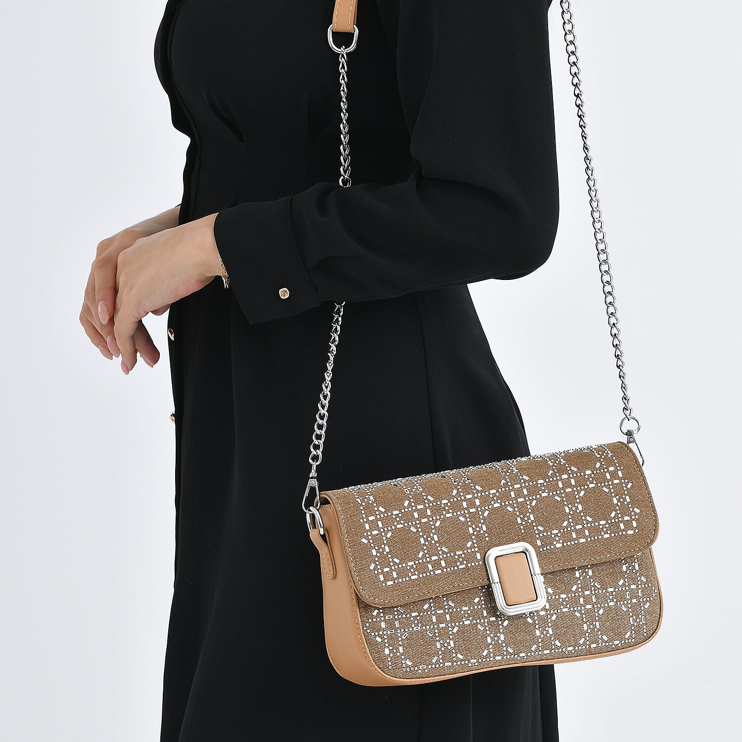 LA MAREY Designer Sling Handbag with Elegant Silver-Tone Chain Strap - Khaki