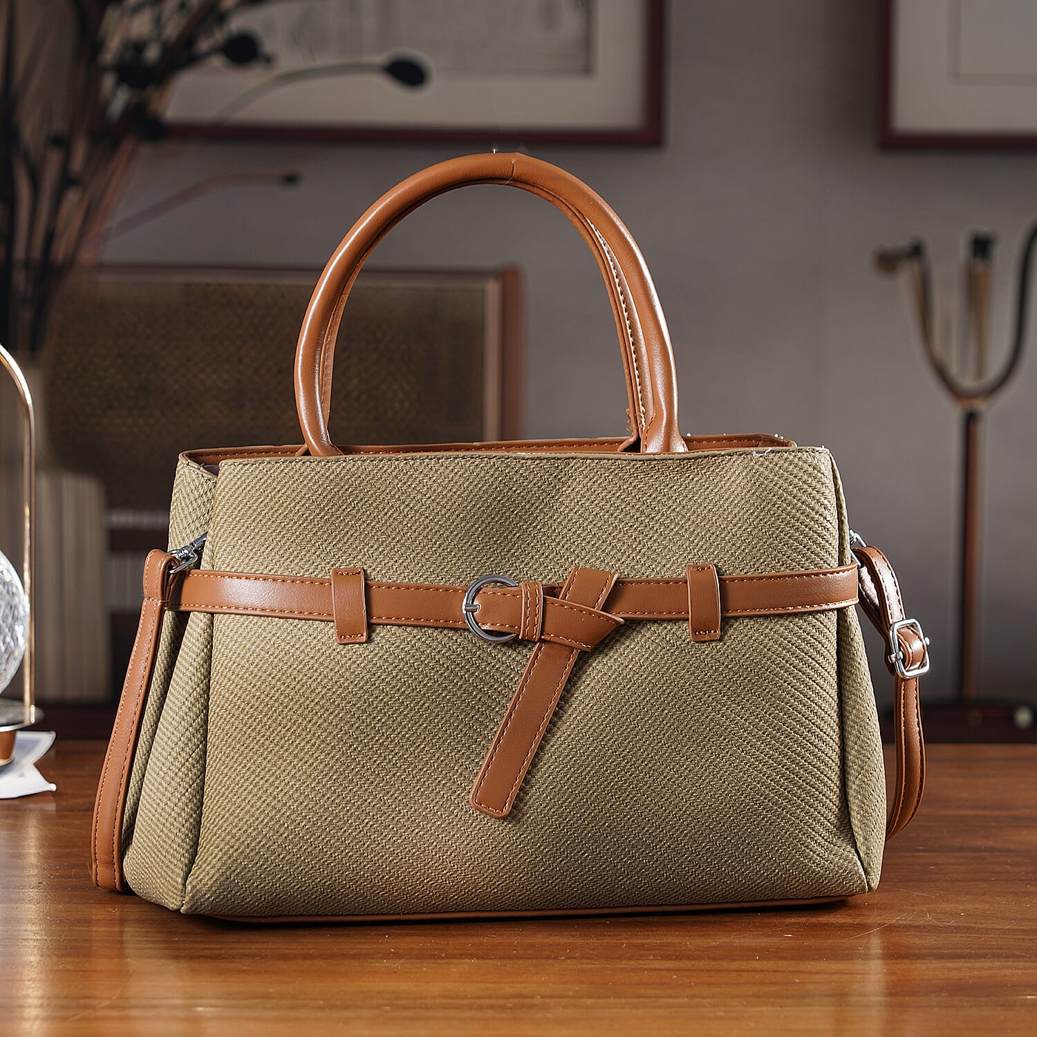 Designer Inspired Satchel-Style Handbag with Belt Detail - Olive
