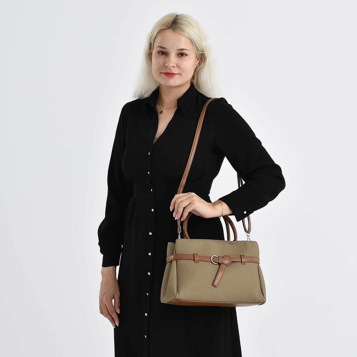 Designer Inspired Satchel-Style Handbag with Belt Detail - Olive