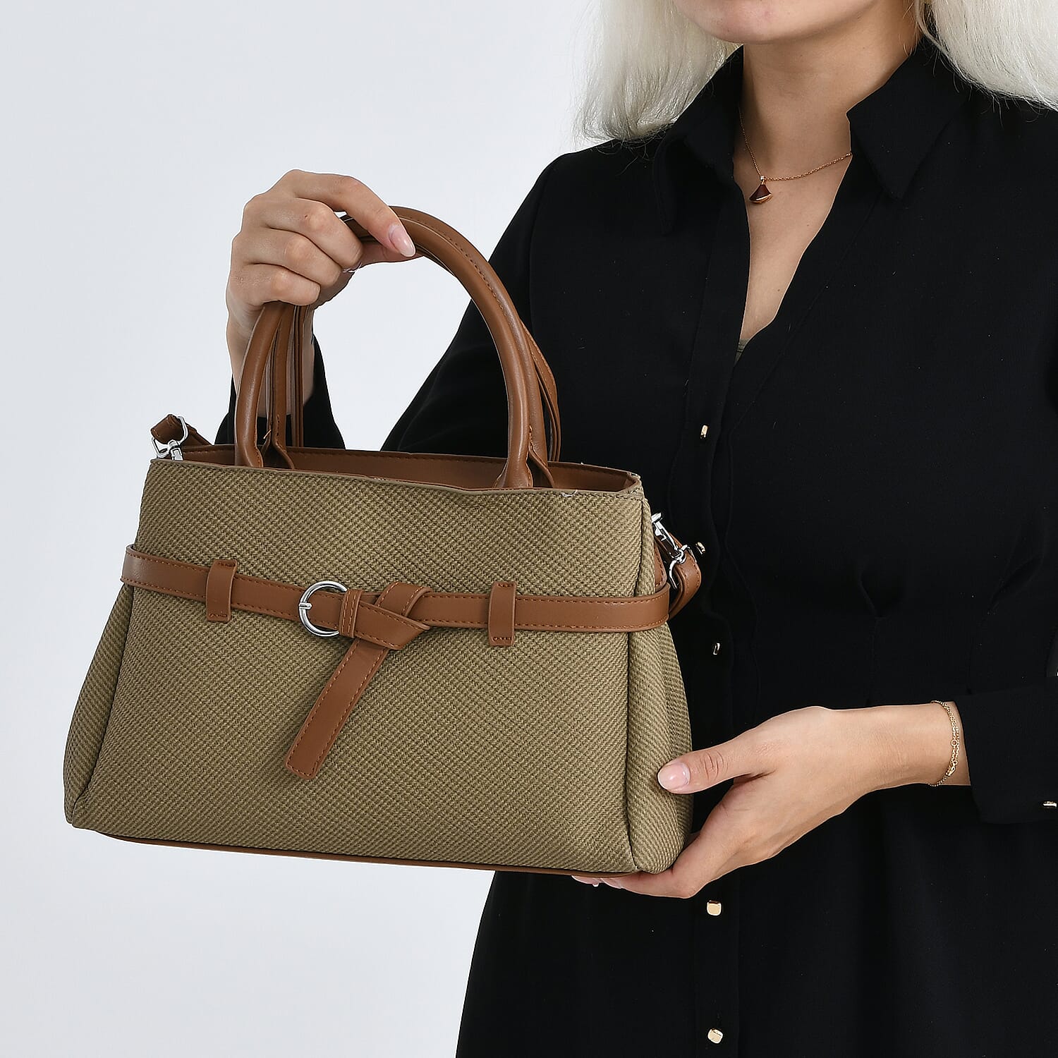 Designer Inspired Satchel-Style Handbag with Belt Detail - Olive