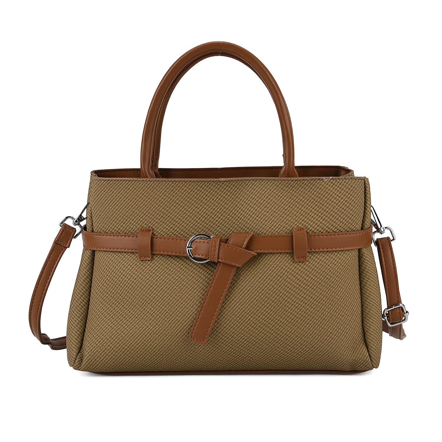 Designer Inspired Satchel-Style Handbag with Belt Detail - Olive