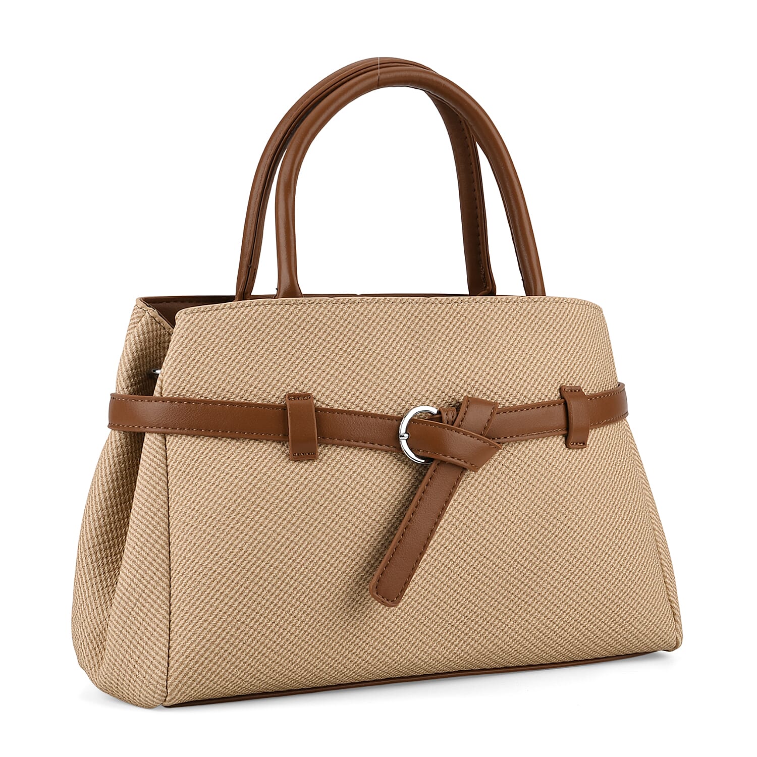 Designer Inspired Satchel-Style Handbag with Belt Detail - Beige