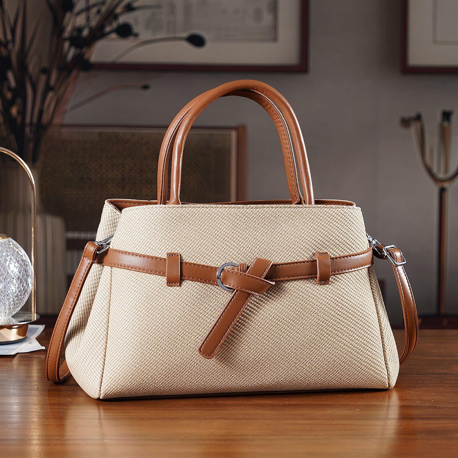 Designer Inspired Satchel-Style Handbag with Belt Detail - Beige