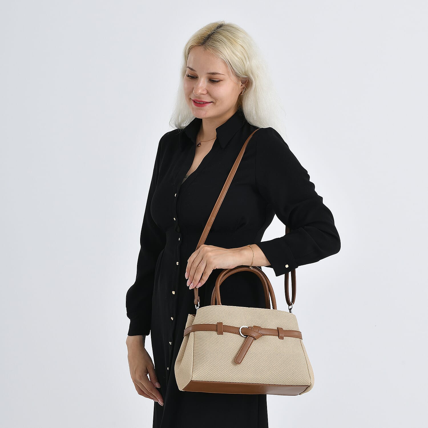 Designer Inspired Satchel-Style Handbag with Belt Detail - Beige