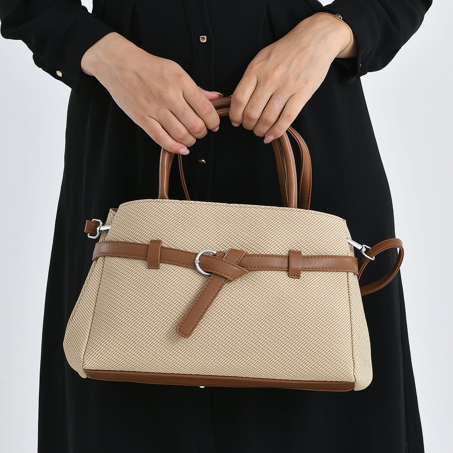 Designer Inspired Satchel-Style Handbag with Belt Detail - Beige
