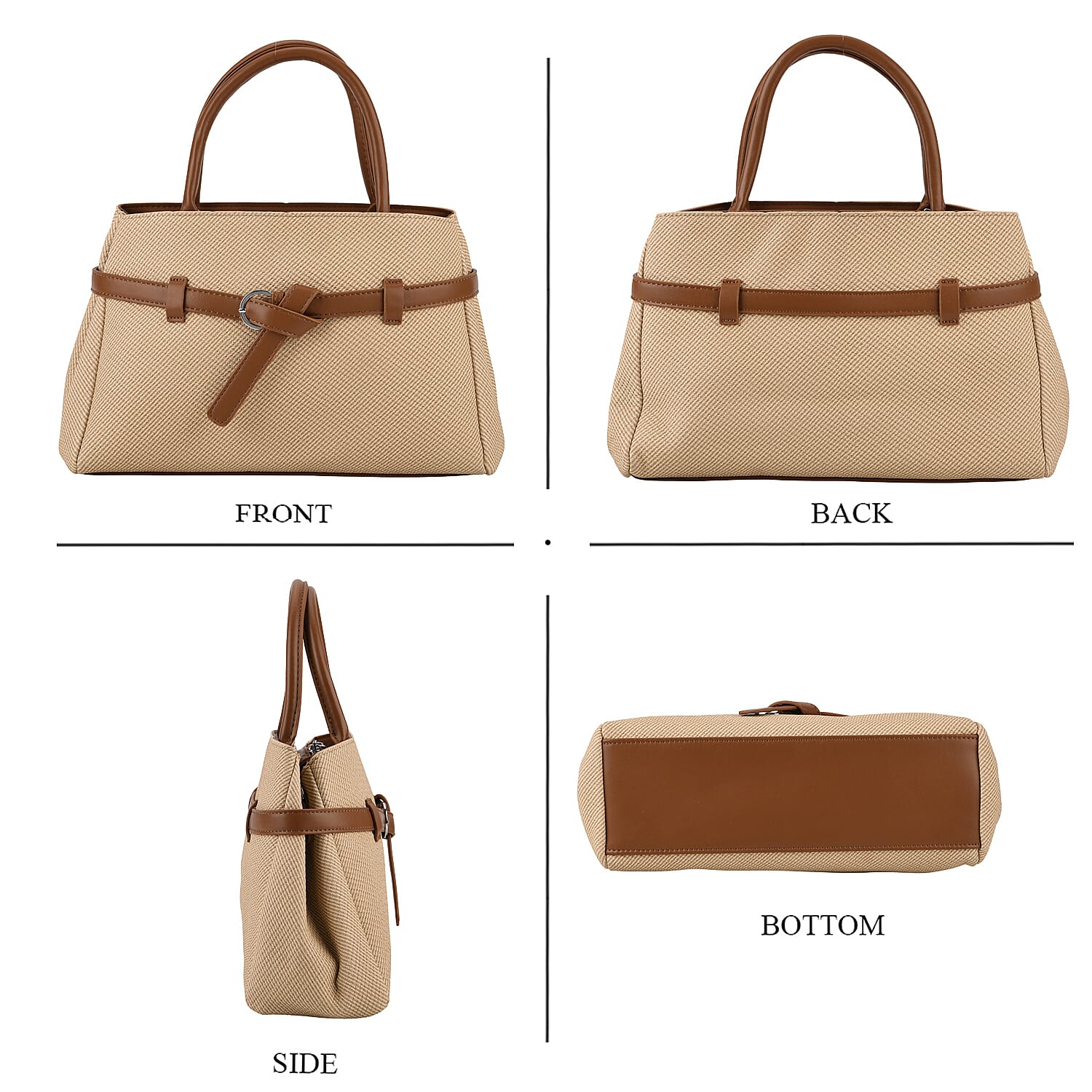 Designer Inspired Satchel-Style Handbag with Belt Detail - Beige