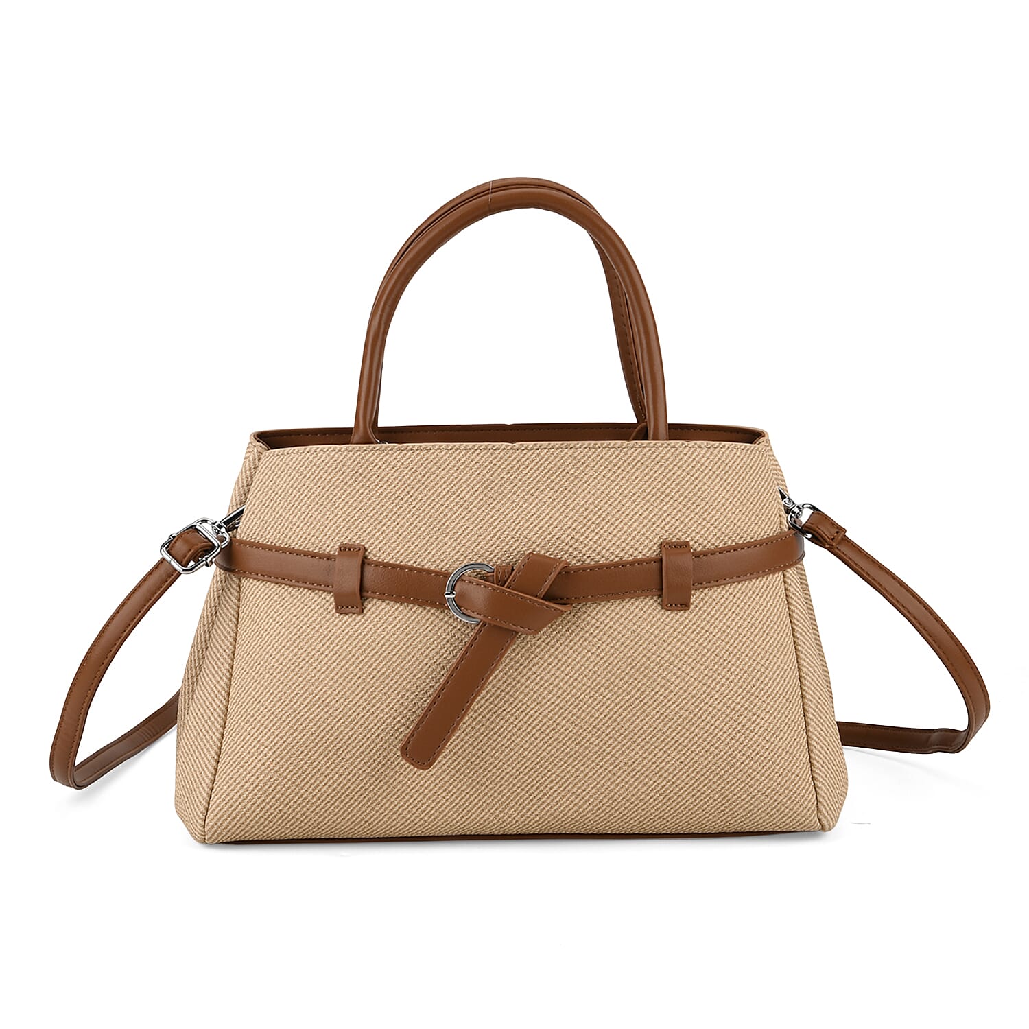 Designer Inspired Satchel-Style Handbag with Belt Detail - Beige