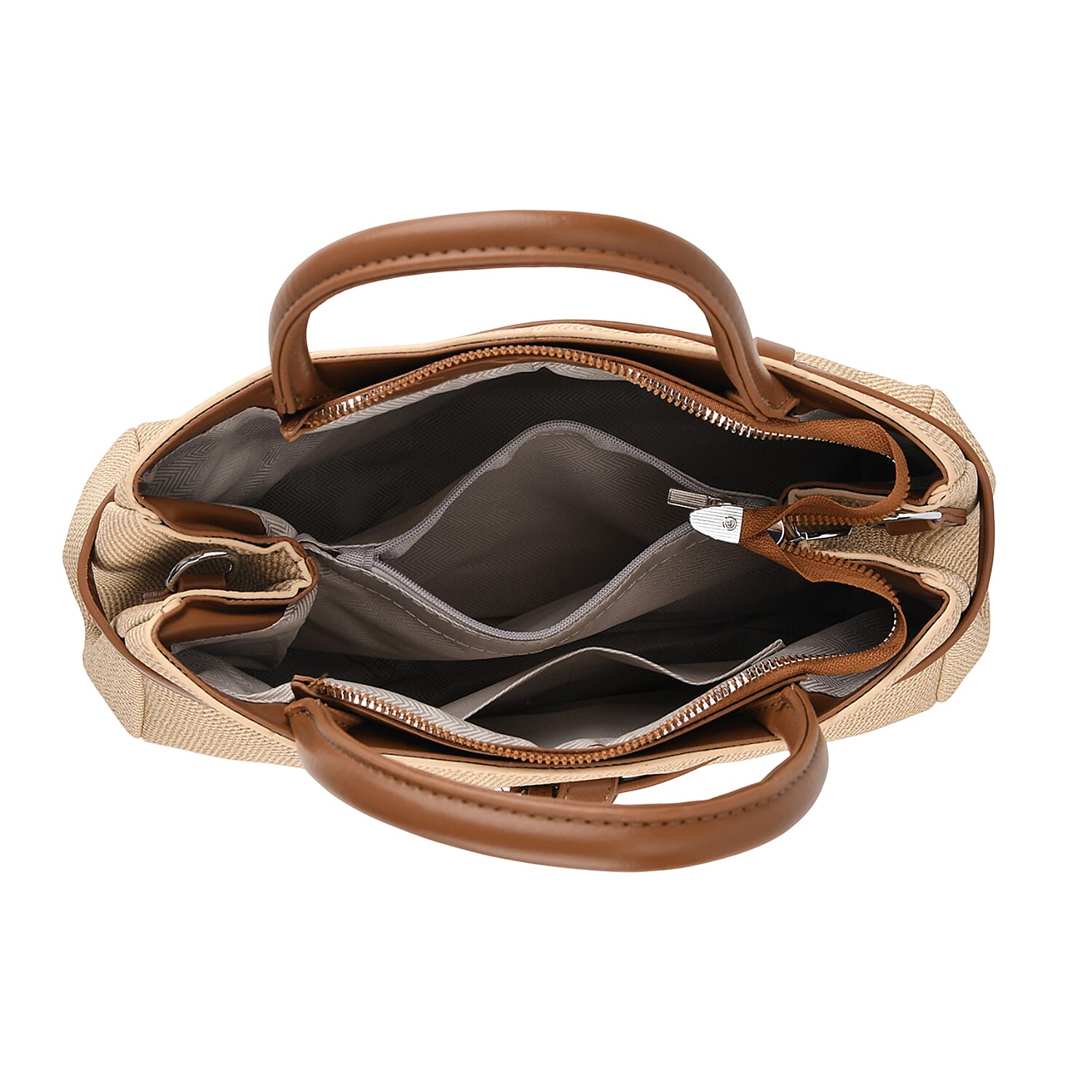 Designer Inspired Satchel-Style Handbag with Belt Detail - Beige