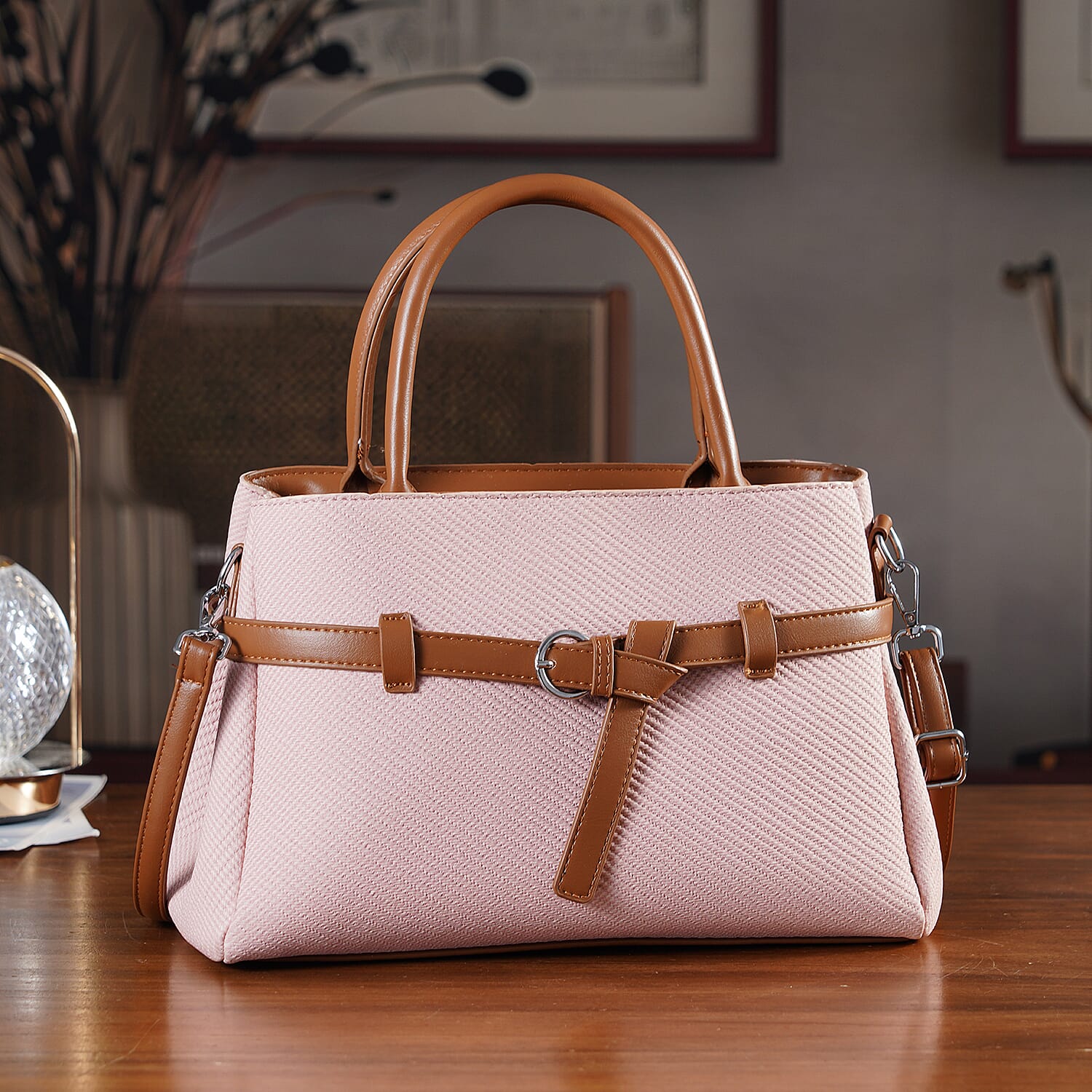 Designer Inspired Satchel-Style Handbag with Belt Detail - Pink