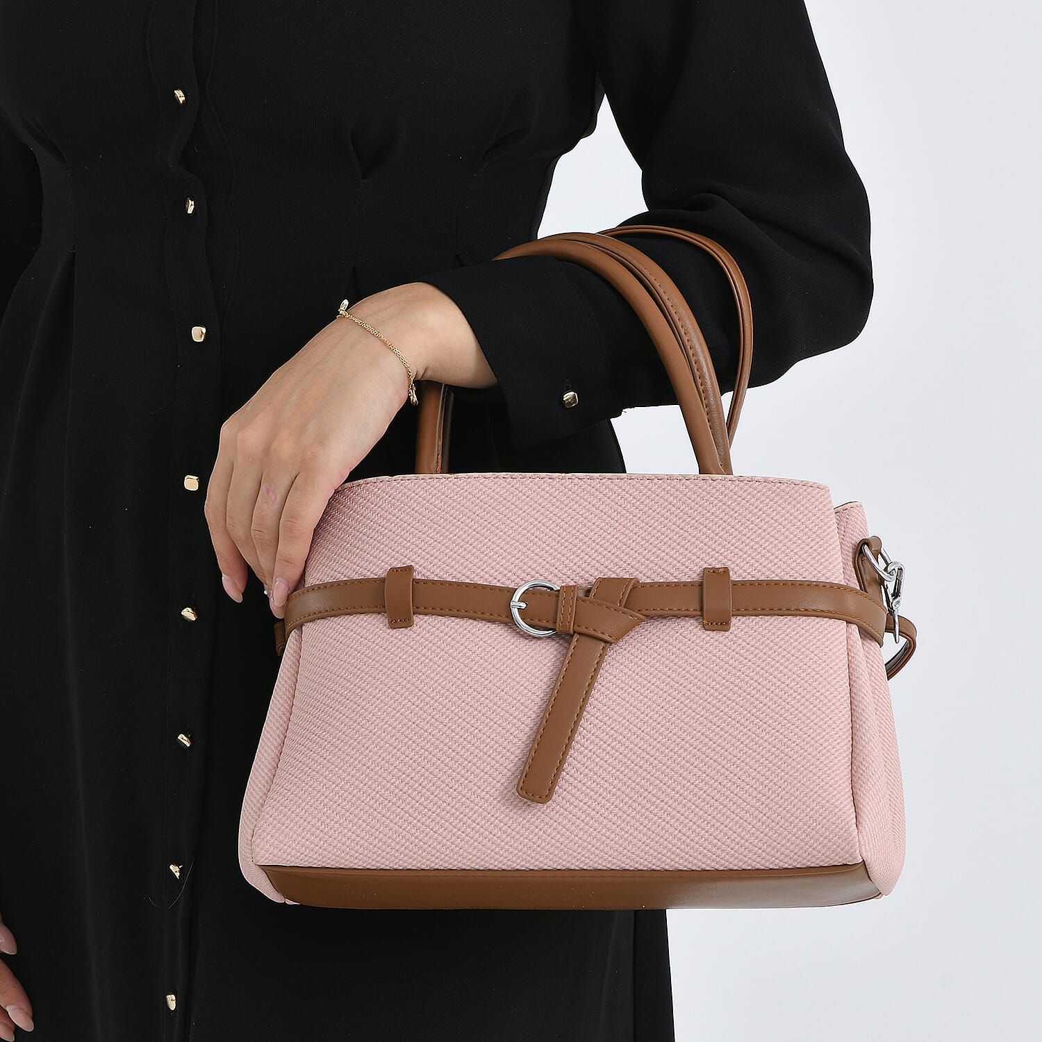 Designer Inspired Satchel-Style Handbag with Belt Detail - Pink