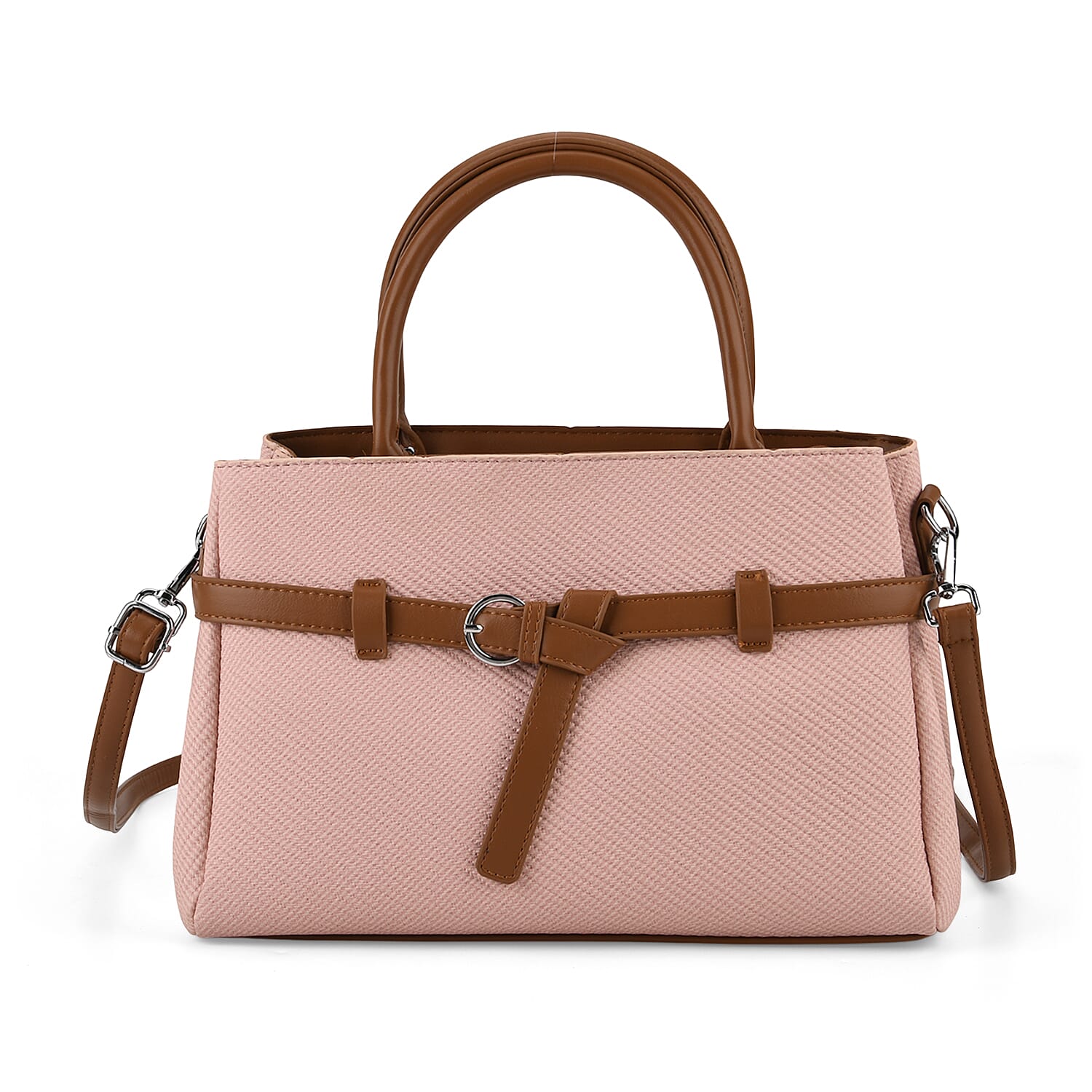 Designer Inspired Satchel-Style Handbag with Belt Detail - Pink