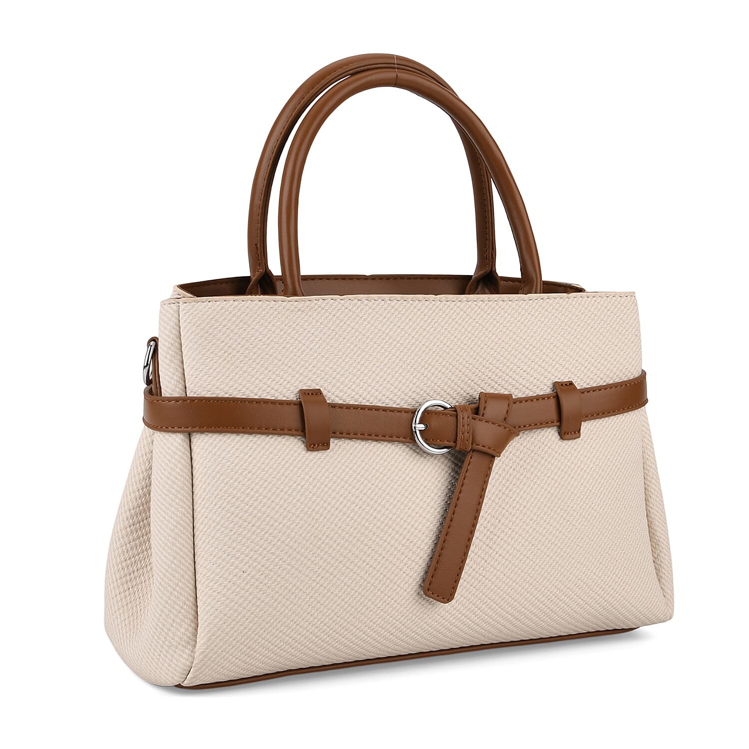 Designer Inspired Satchel-Style Handbag with Belt Detail - Off White