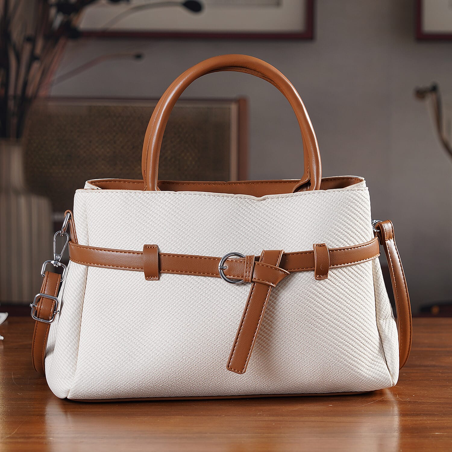 Designer Inspired Satchel-Style Handbag with Belt Detail - Off White