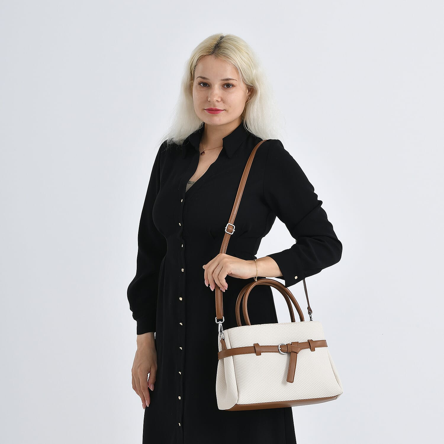 Designer Inspired Satchel-Style Handbag with Belt Detail - Off White