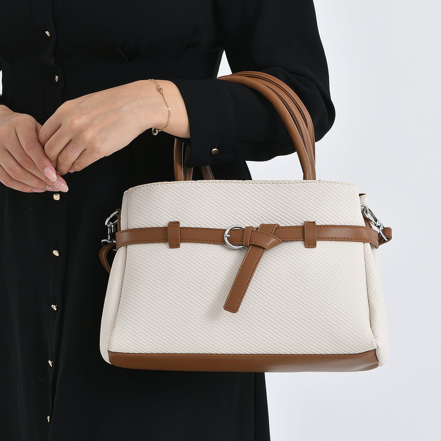 Designer Inspired Satchel-Style Handbag with Belt Detail - Off White