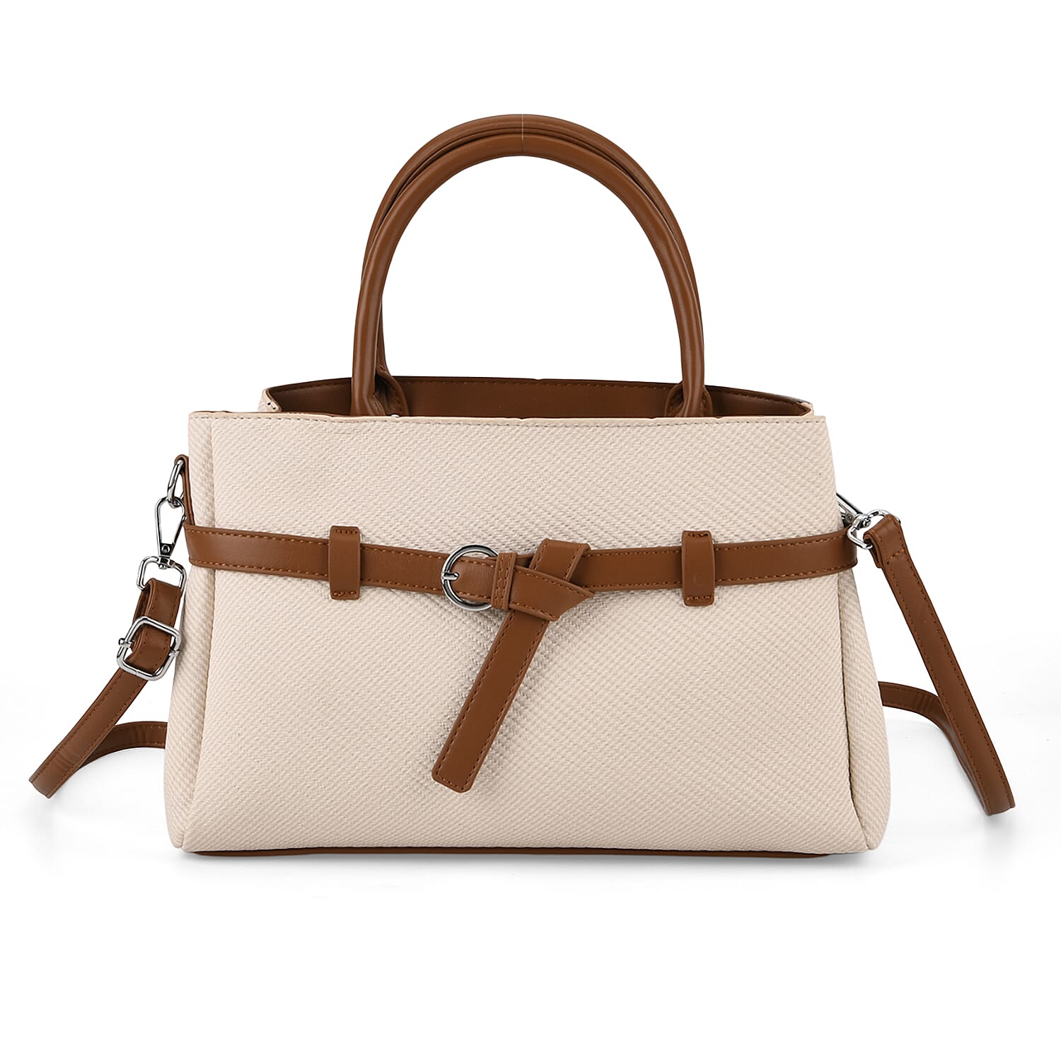 Designer Inspired Satchel-Style Handbag with Belt Detail - Off White