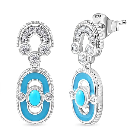 D'Joy Sleeping Beauty Turquoise & White Zircon Dangling Earring with Push Back in Rhodium Overlay Sterling Silver