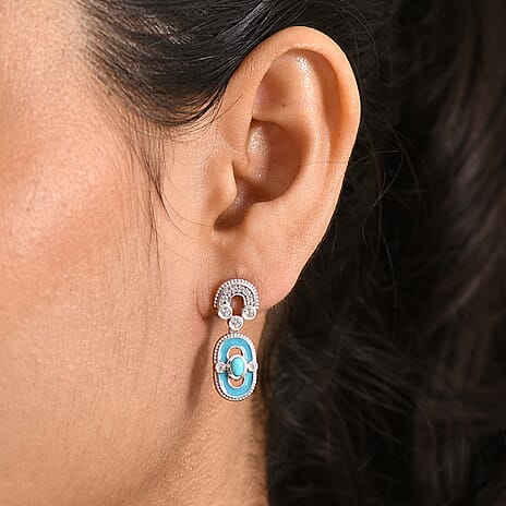 D'Joy Sleeping Beauty Turquoise & White Zircon Dangling Earring with Push Back in Rhodium Overlay Sterling Silver