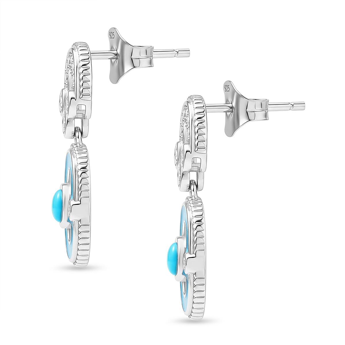 D'Joy Sleeping Beauty Turquoise & White Zircon Dangling Earring with Push Back in Rhodium Overlay Sterling Silver