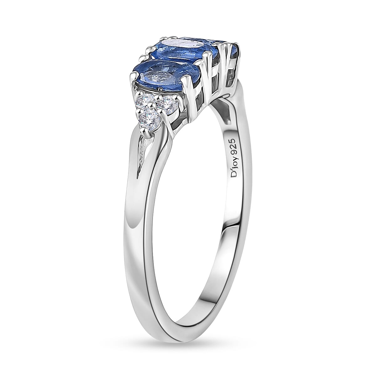 D'Joy AAA Natural Kashmir Kyanite & White Zircon Trilogy Ring in Platinum Overlay Sterling Silver 1.10 Ct.