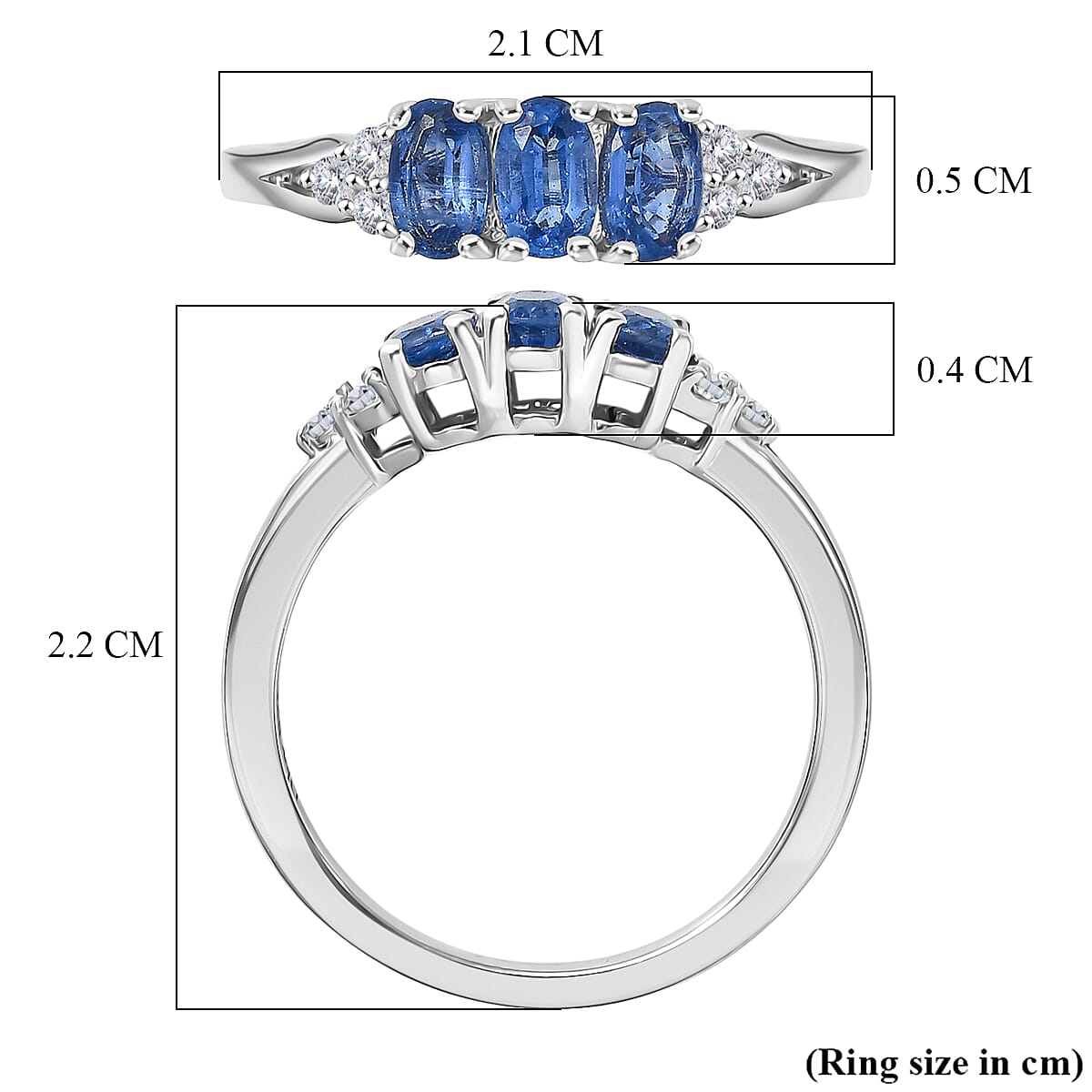 D'Joy AAA Natural Kashmir Kyanite & White Zircon Trilogy Ring in Platinum Overlay Sterling Silver 1.10 Ct.