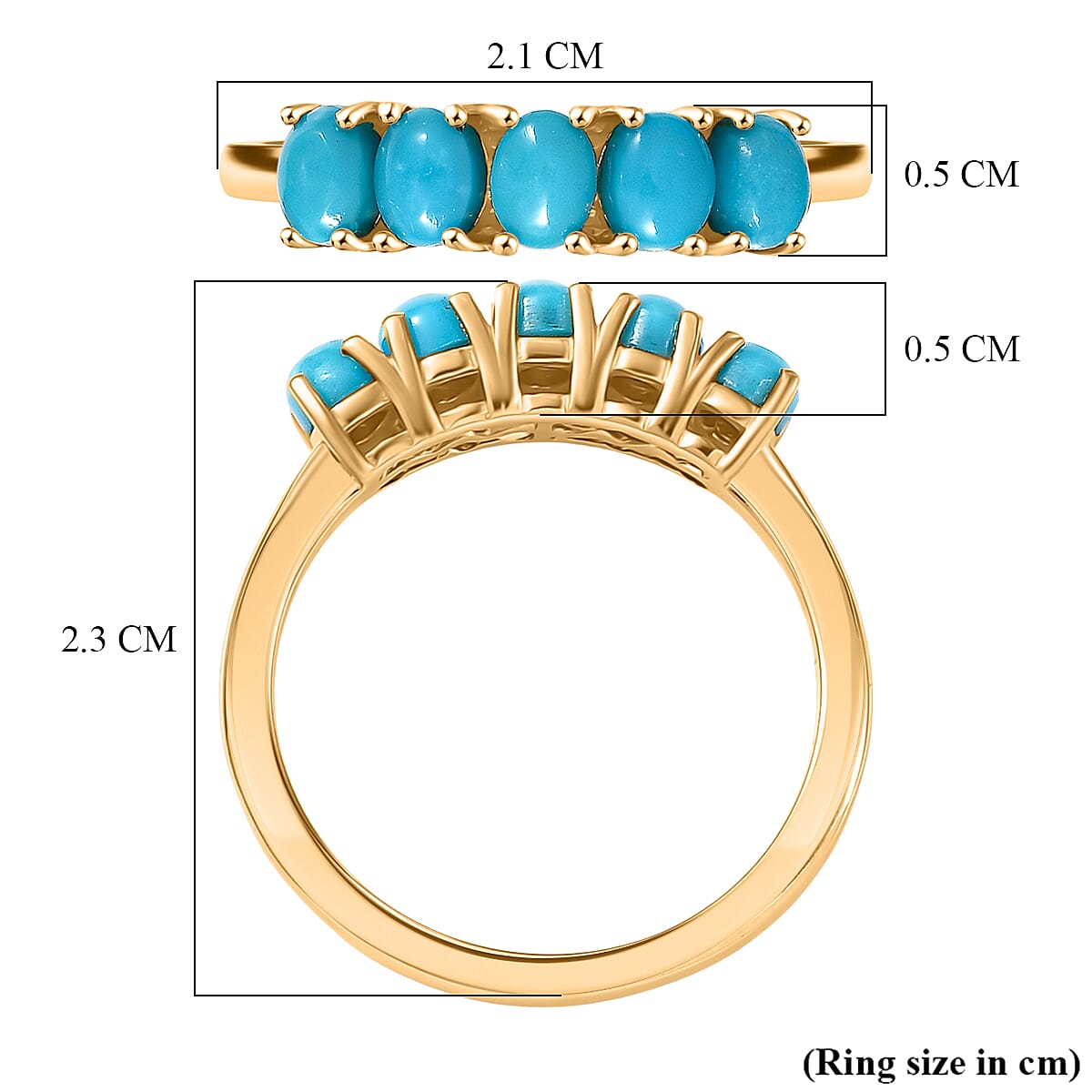 D'Joy Sleeping Beauty Turquoise 5 Stone Ring in Yellow Gold Plated Sterling Silver 1.00 Ct.