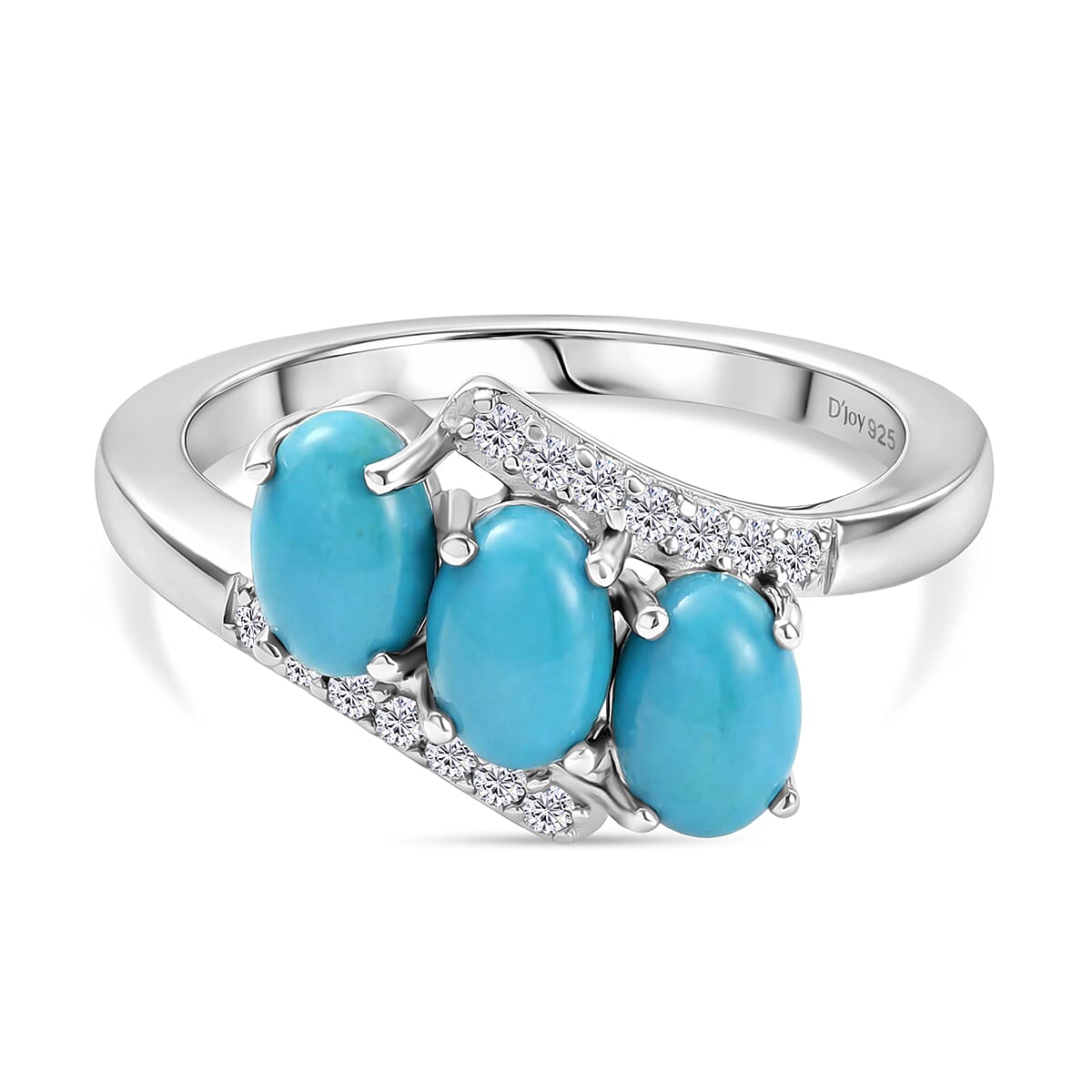 D'Joy Sleeping Beauty Turquoise & White Zircon 3 Stone Bypass Ring in Platinum Overlay Sterling Silver 1.56 Ct.