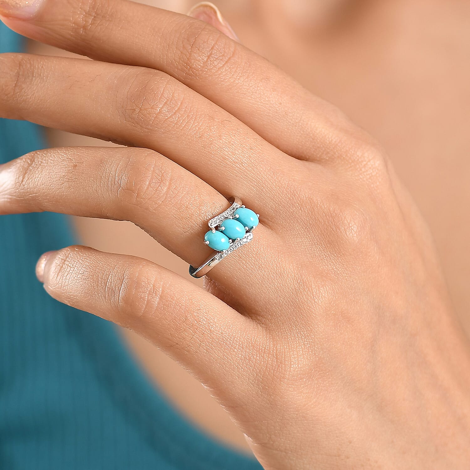 D'Joy Sleeping Beauty Turquoise & White Zircon 3 Stone Bypass Ring in Platinum Overlay Sterling Silver 1.56 Ct.