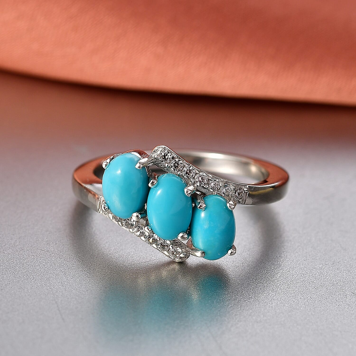 D'Joy Sleeping Beauty Turquoise & White Zircon 3 Stone Bypass Ring in Platinum Overlay Sterling Silver 1.56 Ct.