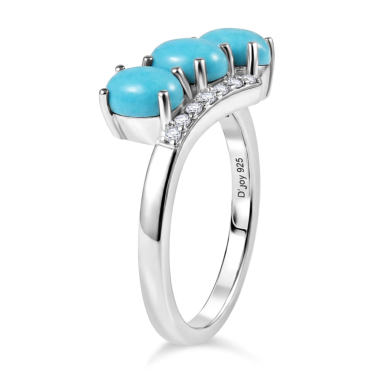 D'Joy Sleeping Beauty Turquoise & White Zircon 3 Stone Bypass Ring in Platinum Overlay Sterling Silver 1.56 Ct.