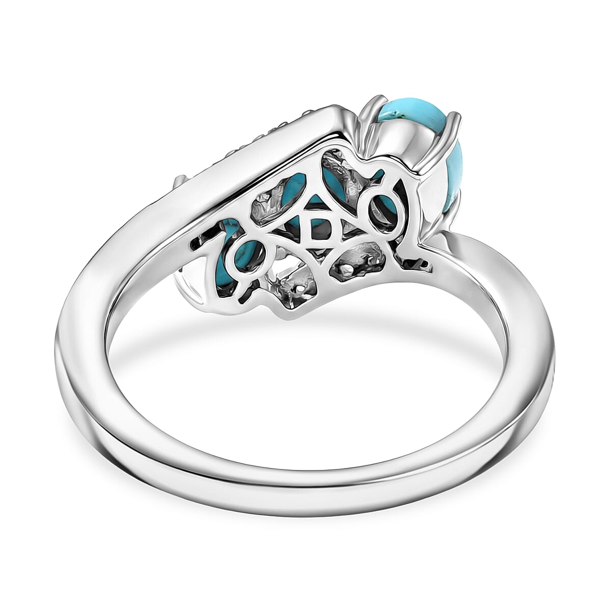 D'Joy Sleeping Beauty Turquoise & White Zircon 3 Stone Bypass Ring in Platinum Overlay Sterling Silver 1.56 Ct.