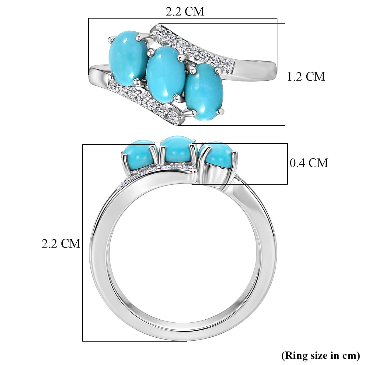 D'Joy Sleeping Beauty Turquoise & White Zircon 3 Stone Bypass Ring in Platinum Overlay Sterling Silver 1.56 Ct.