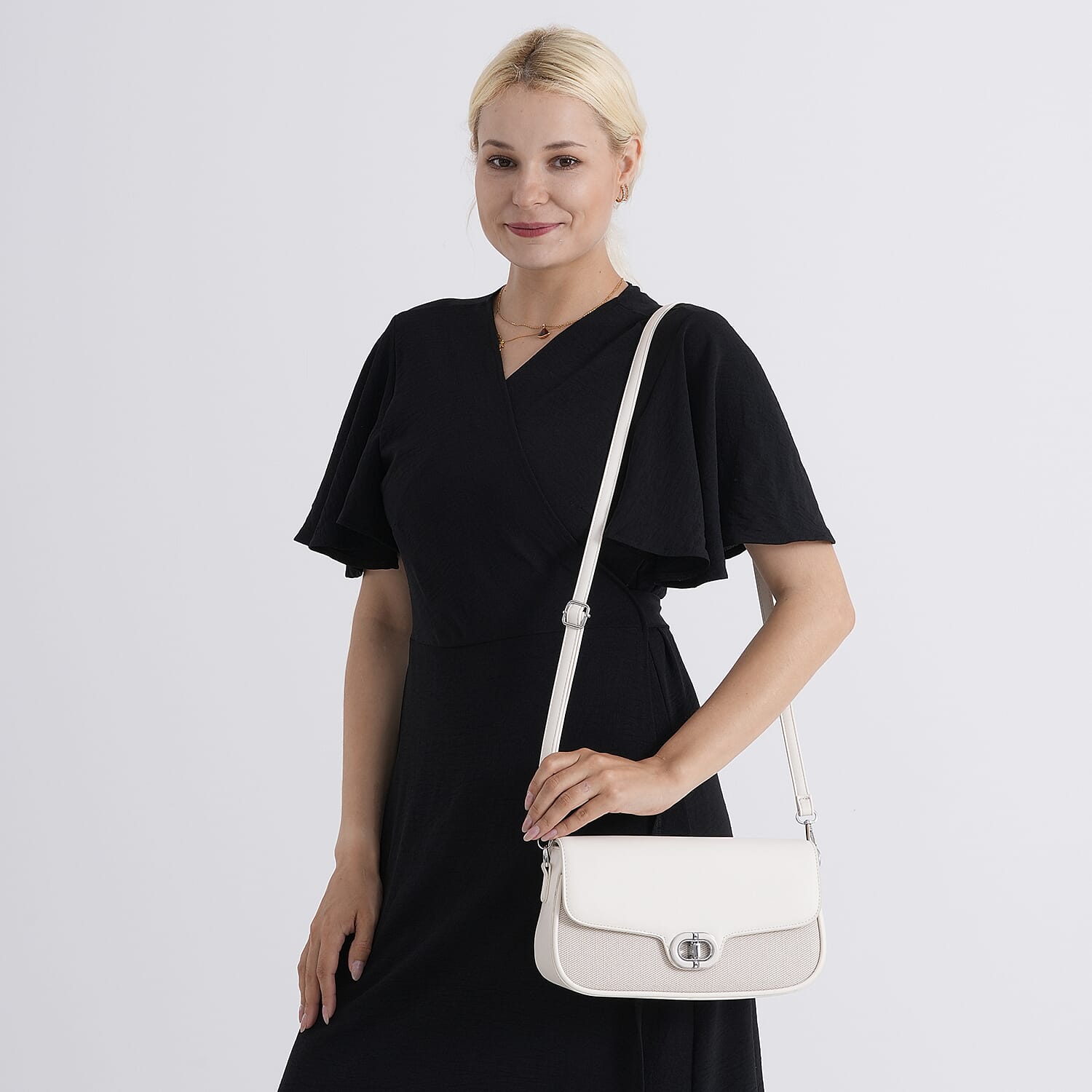 Designer Inspired - Convertible Dual-Strap Convertible Baguette Crossbody & Shoulder Bag - Off White