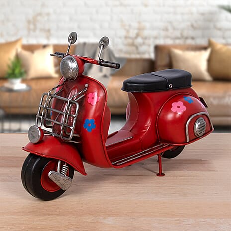 Vintage Miniature Moped Model Metal Scooter with Flower Details - Red