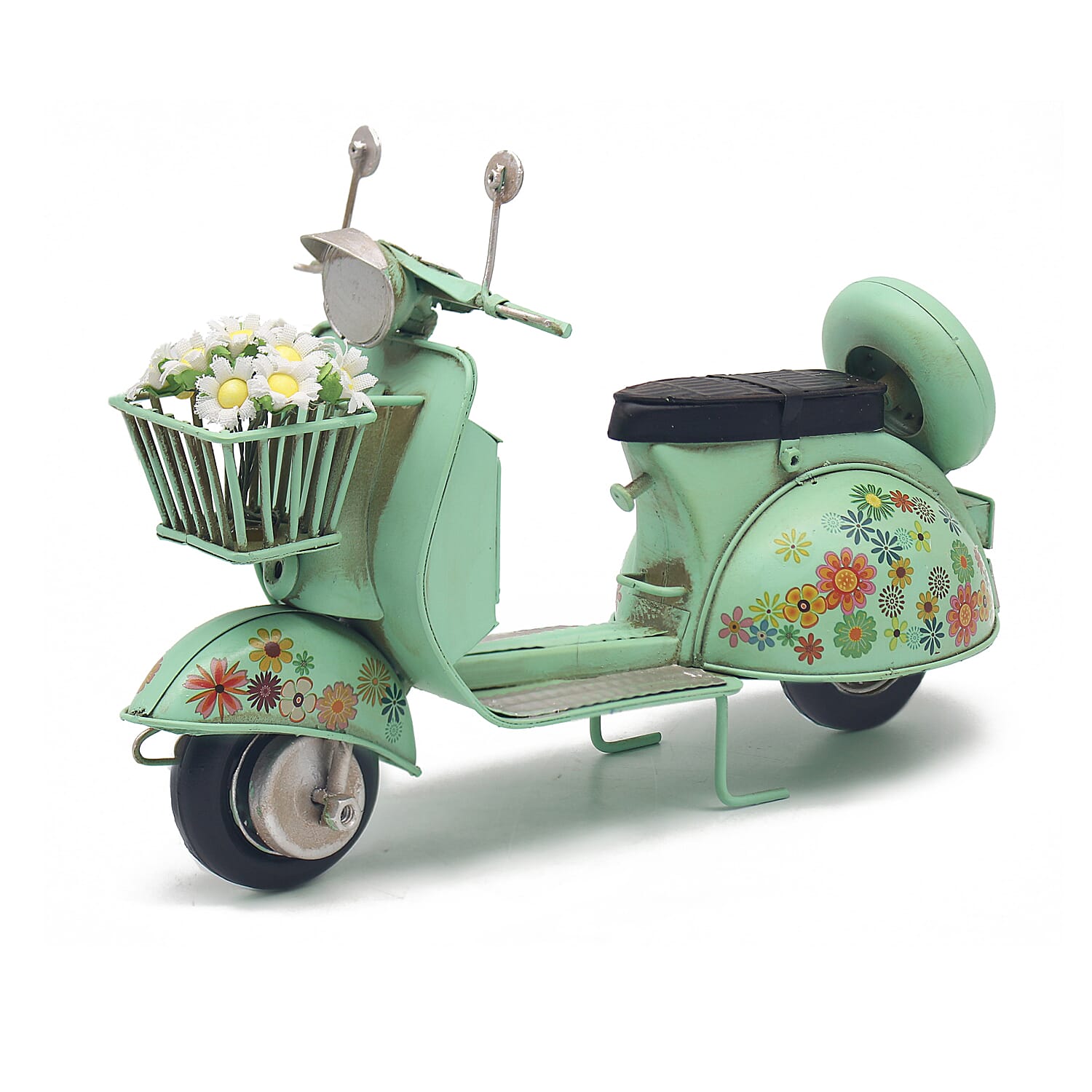 Vintage Miniature Moped Model Metal Scooter with Flower Details - Green