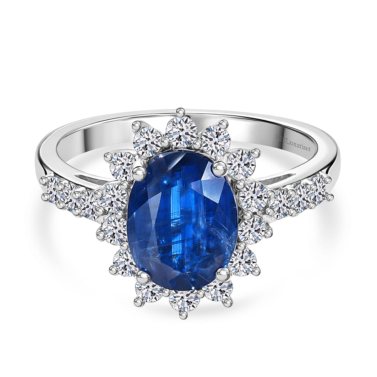 Luxuriant AAA Natural Kashmir Kyanite & SI-G-H Lab Grown Diamond Sunburst Ring in Rhodium Overlay Sterling Silver 3.02 Ct.