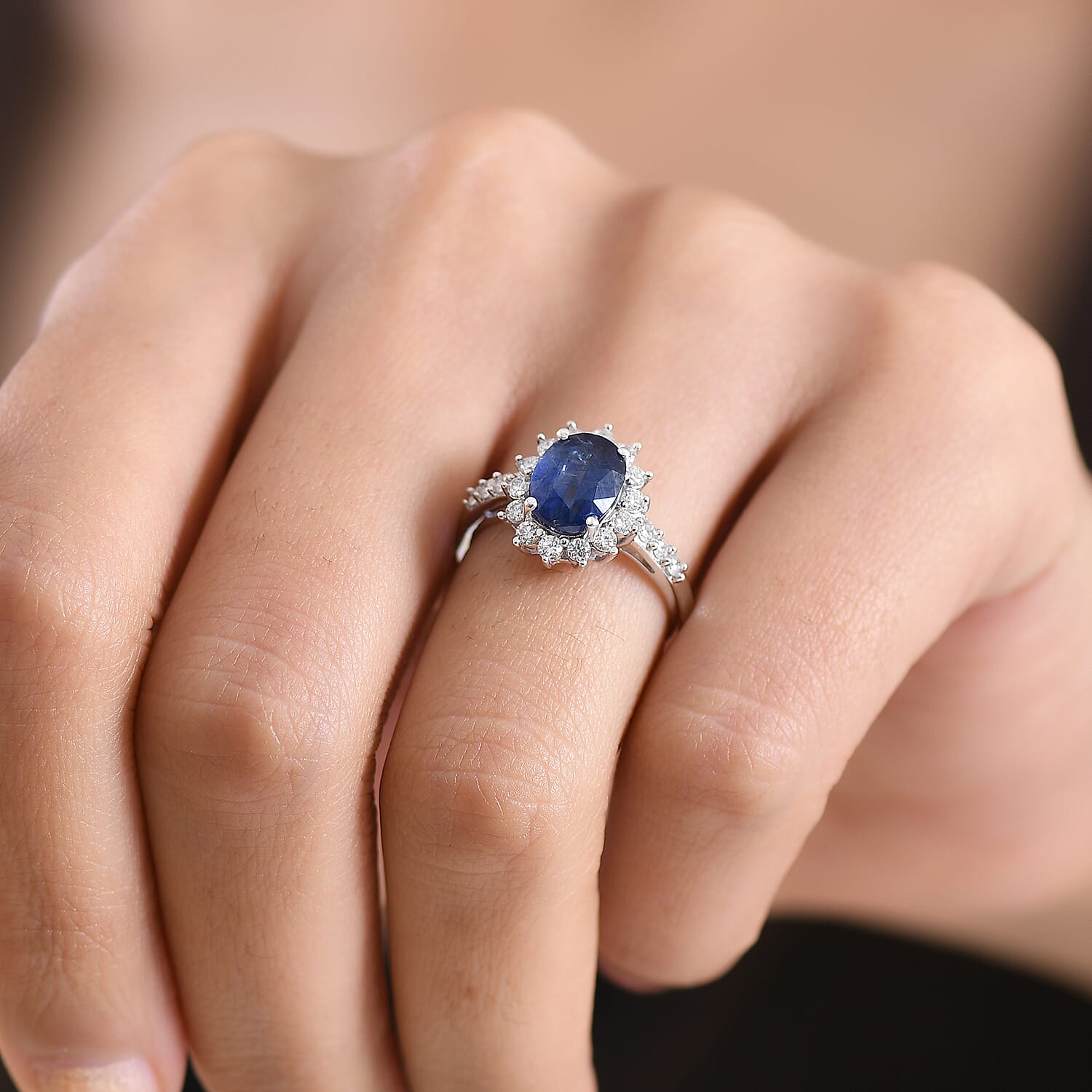 Luxuriant AAA Natural Kashmir Kyanite & SI-G-H Lab Grown Diamond Sunburst Ring in Rhodium Overlay Sterling Silver 3.02 Ct.