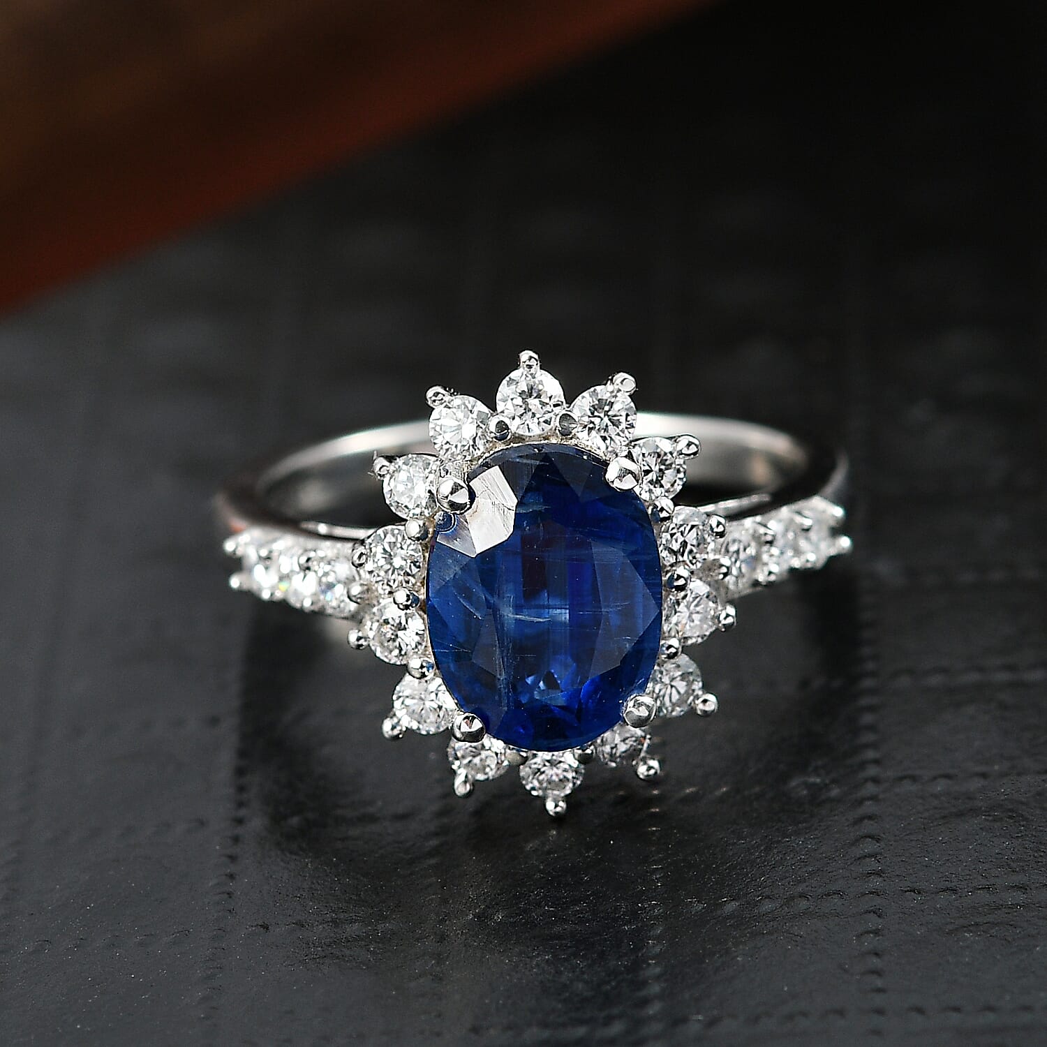 Luxuriant AAA Natural Kashmir Kyanite & SI-G-H Lab Grown Diamond Sunburst Ring in Rhodium Overlay Sterling Silver 3.02 Ct.