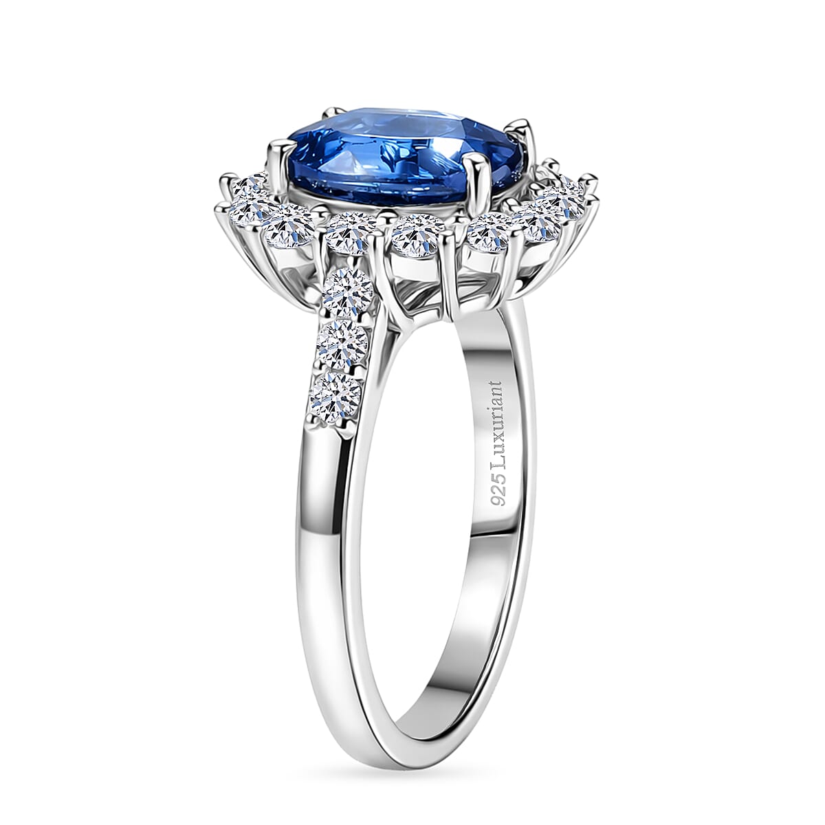 Luxuriant AAA Natural Kashmir Kyanite & SI-G-H Lab Grown Diamond Sunburst Ring in Rhodium Overlay Sterling Silver 3.02 Ct.