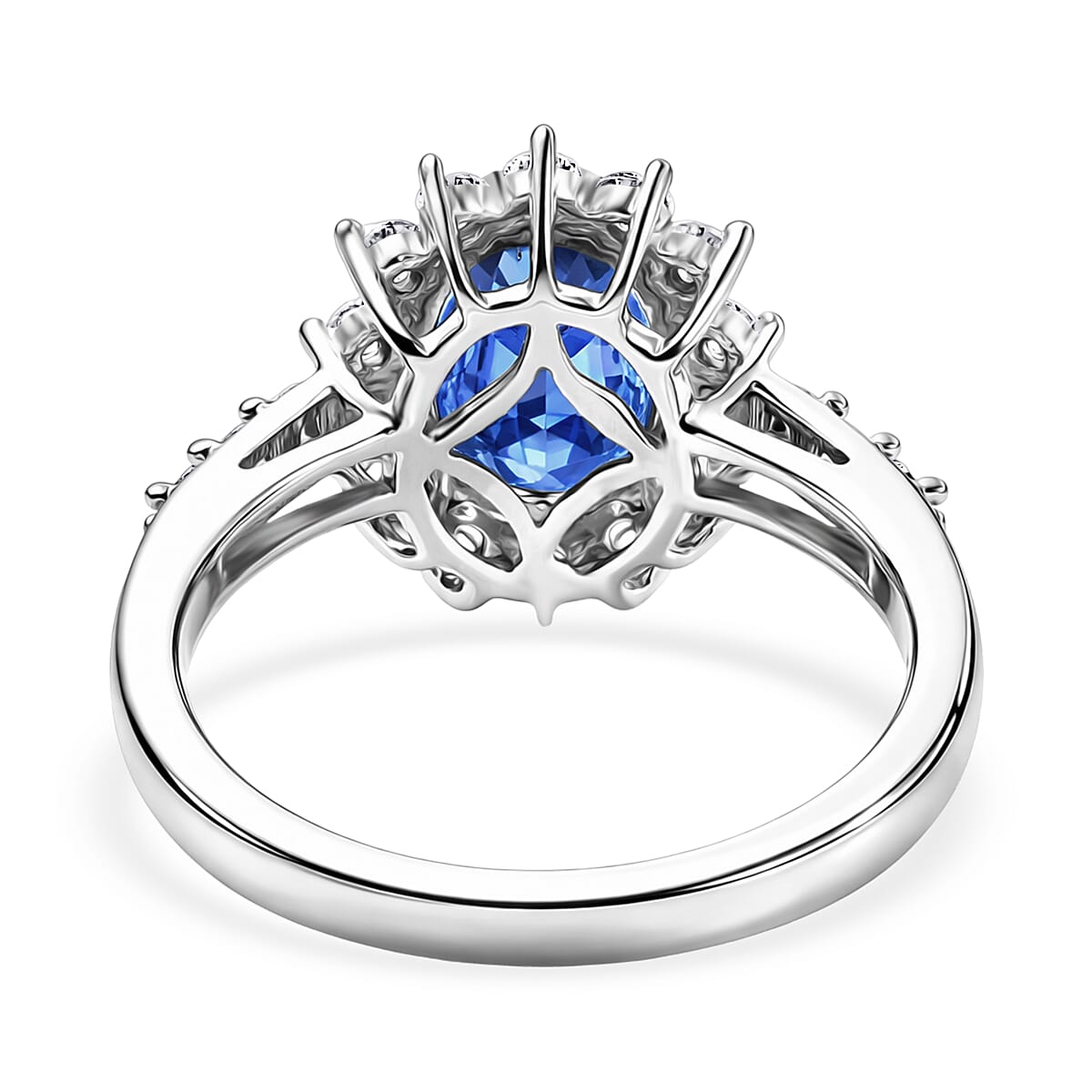 Luxuriant AAA Natural Kashmir Kyanite & SI-G-H Lab Grown Diamond Sunburst Ring in Rhodium Overlay Sterling Silver 3.02 Ct.