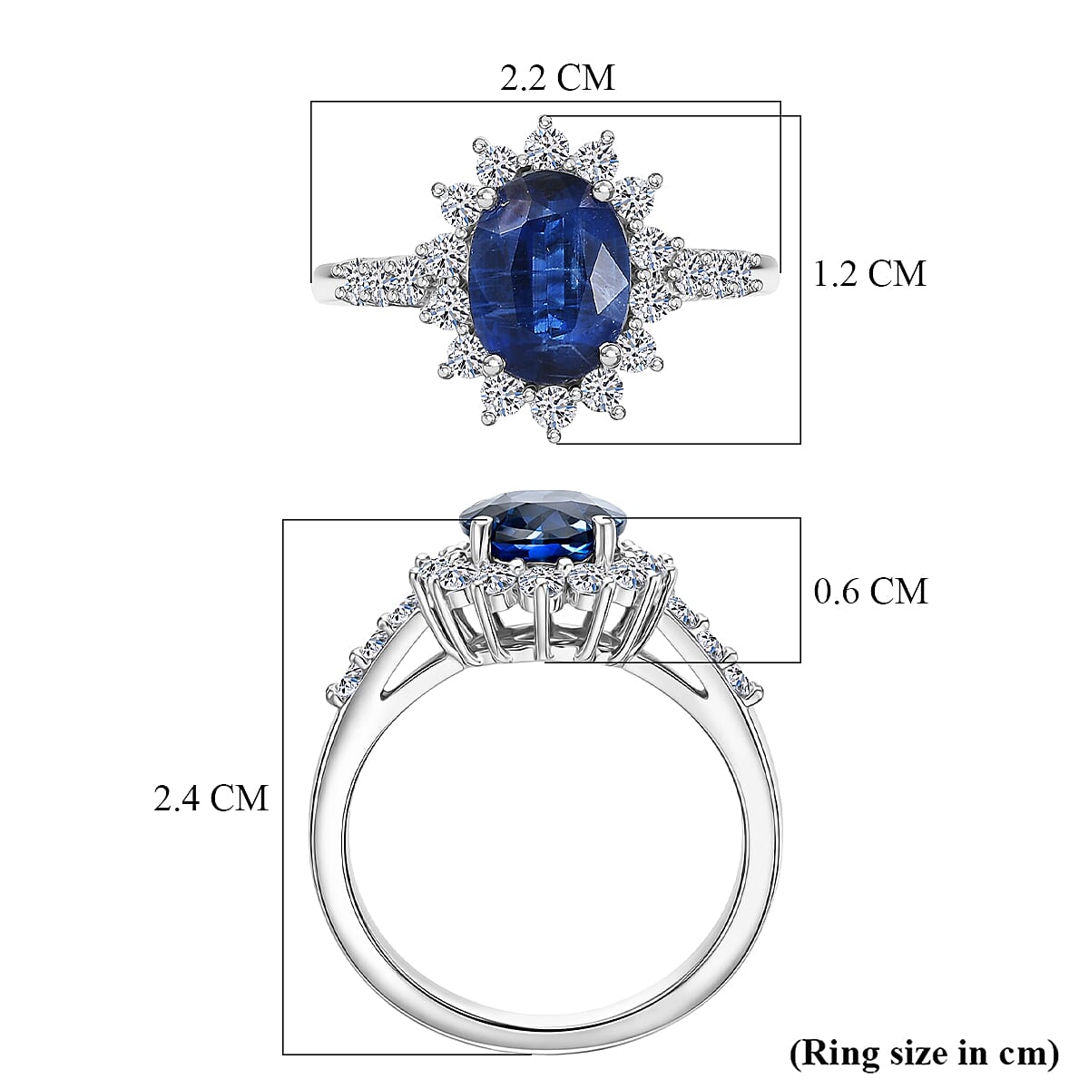 Luxuriant AAA Natural Kashmir Kyanite & SI-G-H Lab Grown Diamond Sunburst Ring in Rhodium Overlay Sterling Silver 3.02 Ct.