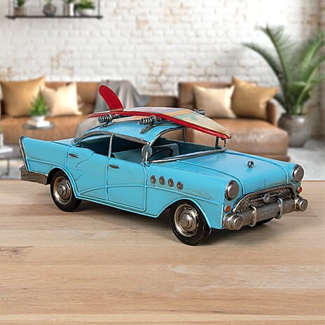 Vintage 1950s Sedan Car Model with Surfboard Detail - Blue