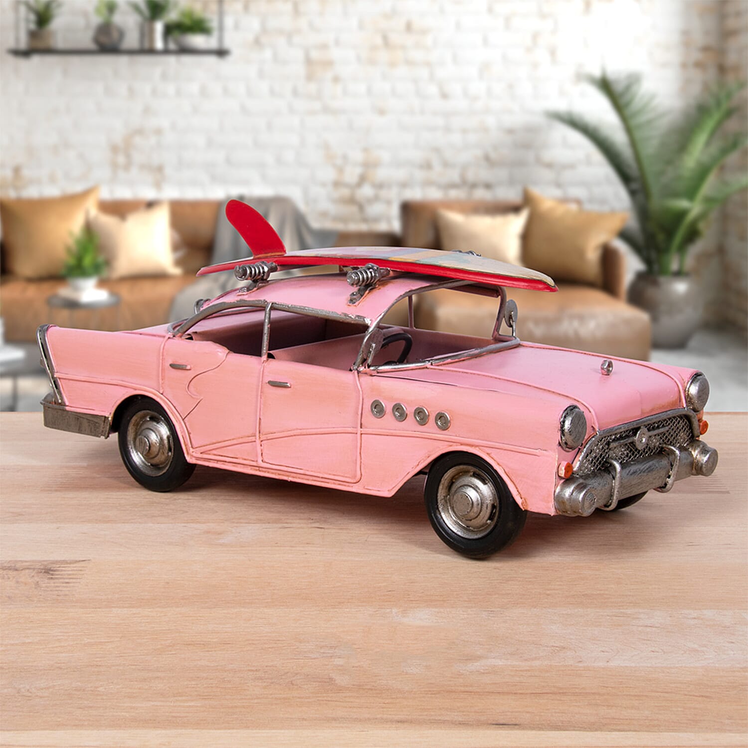 Vintage 1950s Sedan Car Model with Surfboard Detail - Pink