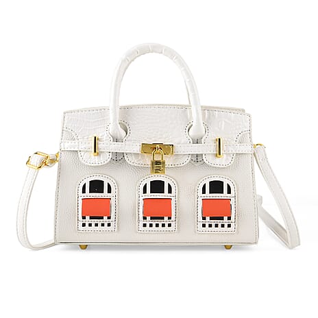 Designer-Inspired Structured Handbag with Crossbody Strap - White