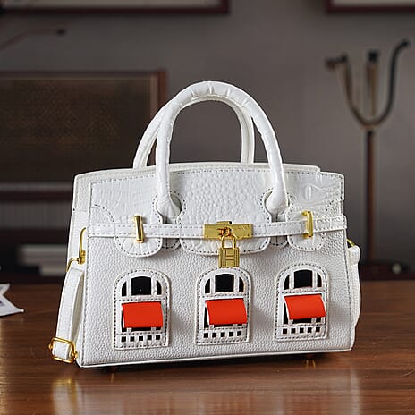 Designer-Inspired Structured Handbag with Crossbody Strap - White