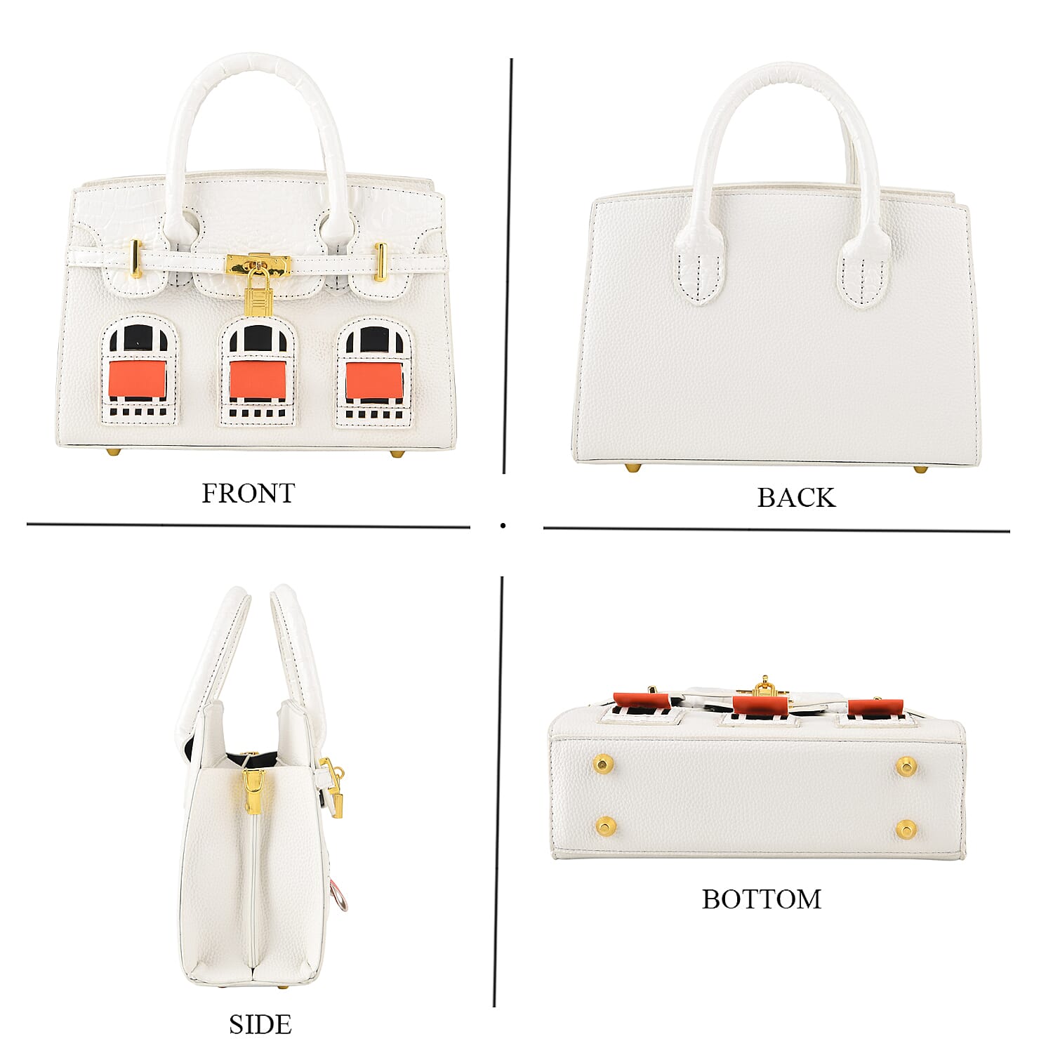 Designer-Inspired Structured Handbag with Crossbody Strap - White