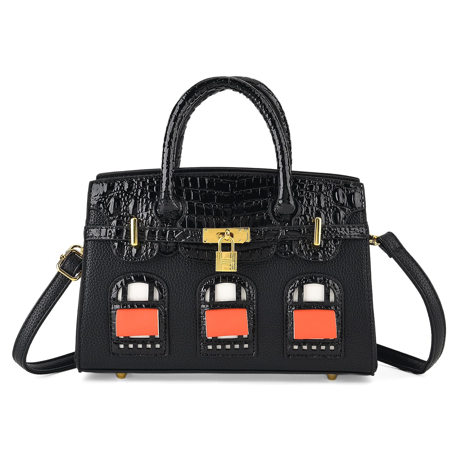 Designer-Inspired Structured Handbag with Crossbody Strap - Black